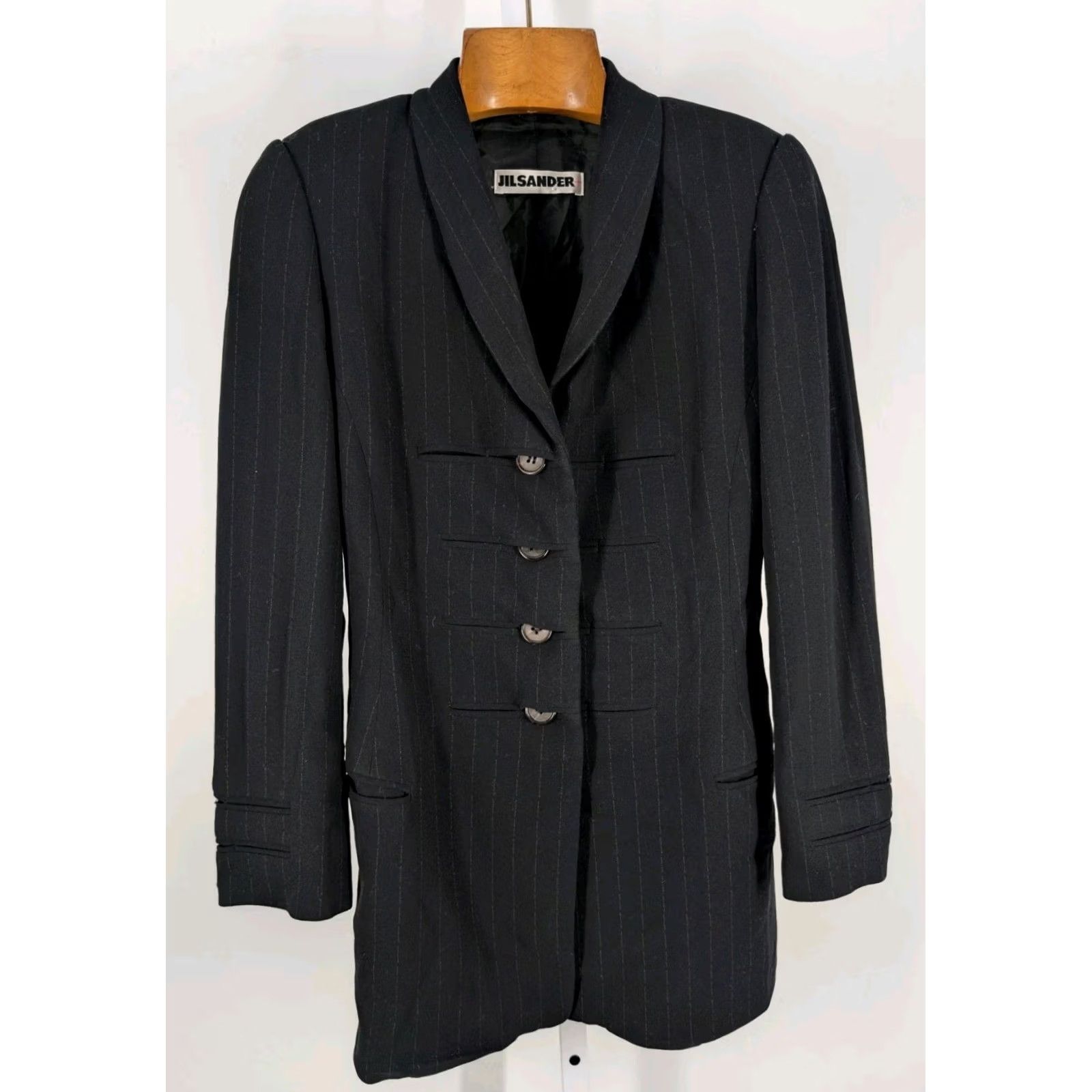 Jil Sander VINTAGE Jil Sander Blazer Jacket Wool Crepe Black Striped Long 36 Womens 90s German Party/Cocktail Business Casual Formal Travel Size XS / US 0-2 / IT 36-38 - 4 Thumbnail