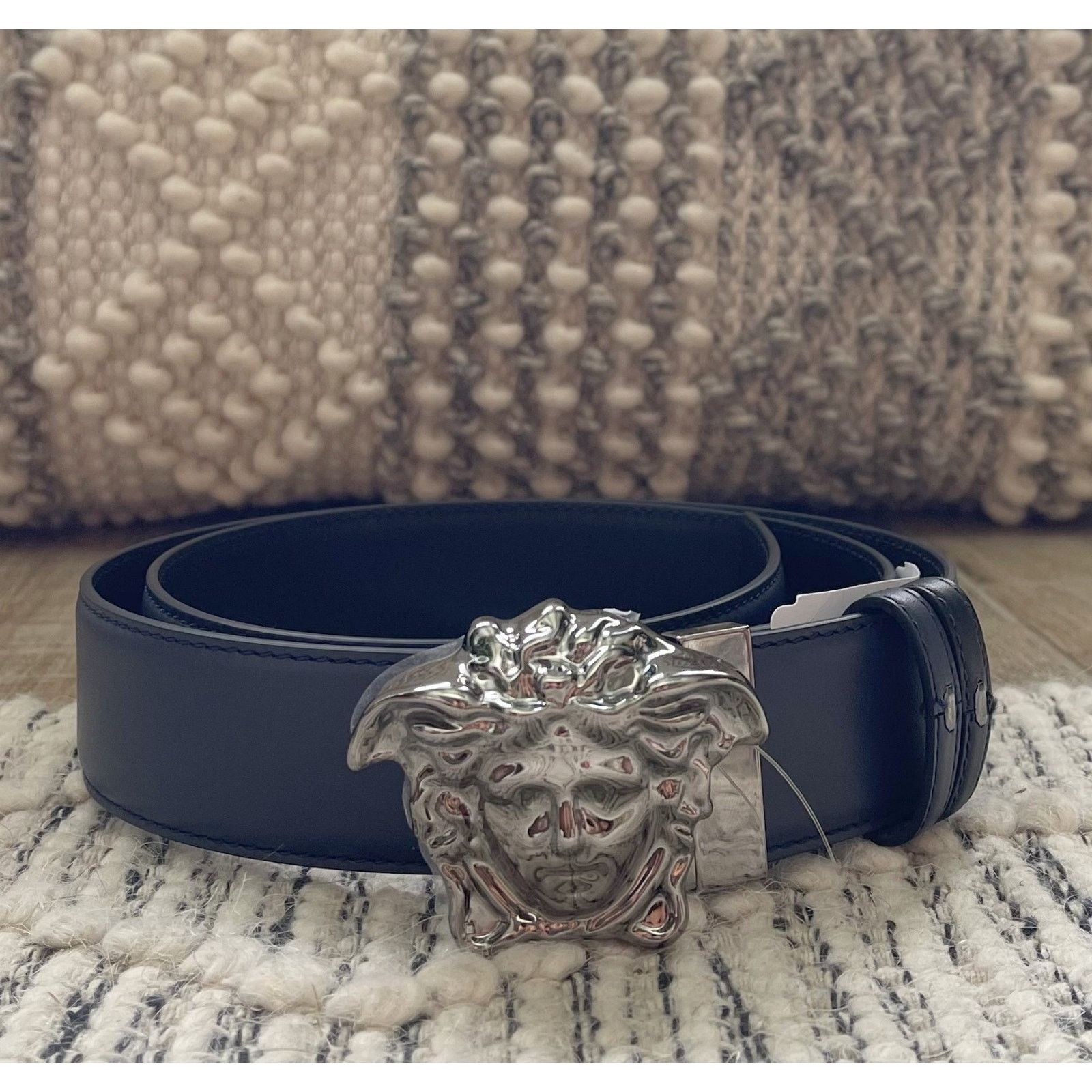 Versace $895 NWT Versace Blue Medusa Logo Leather Belt Size 100(38) Size 38 - 1 Thumbnail