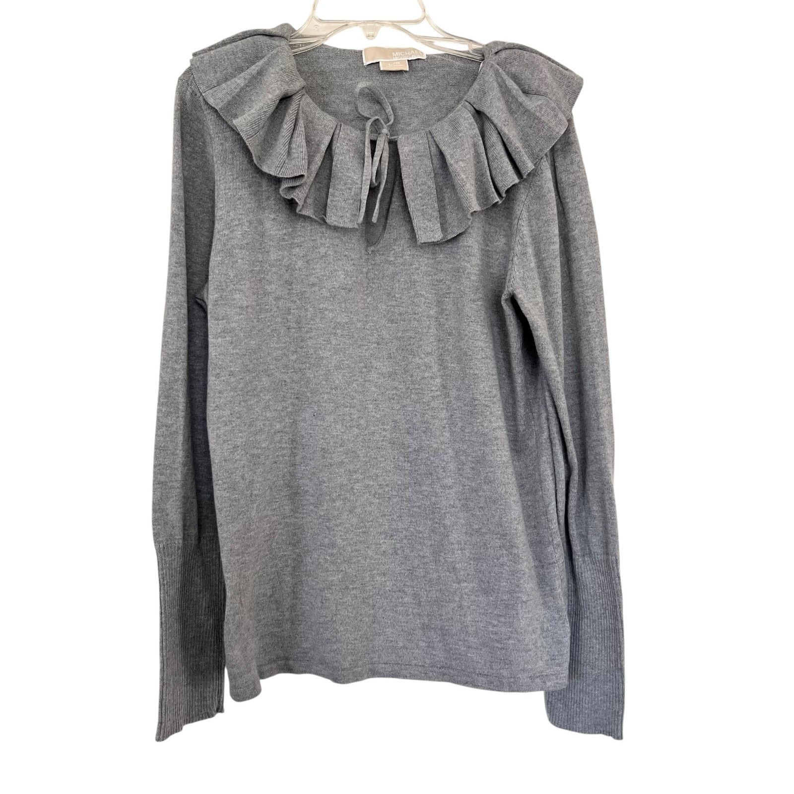 Michael Kors MICHAEL Michael Kors Gray Ruffle Split Tie Neck Sweater Size L / US 10 / IT 46 - 1 Thumbnail