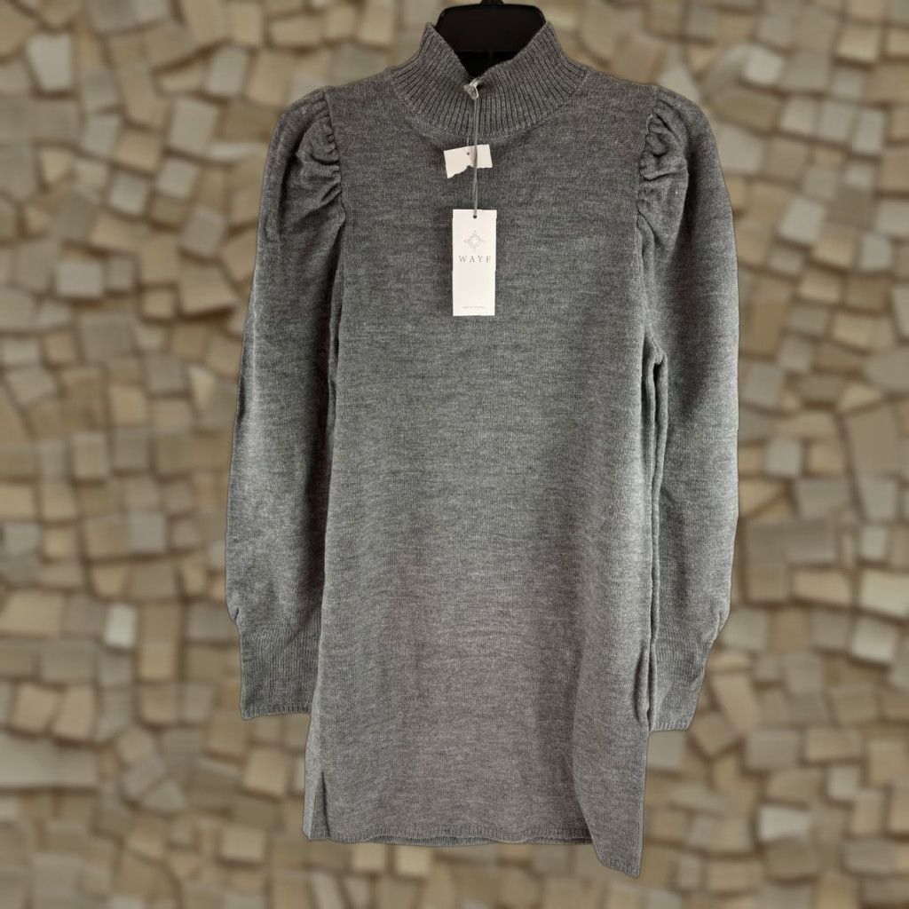 Wayf Sweater Dress Women's XS Gray Flutter Long Sleeve Knee Length Mock Neck NWT NWT
