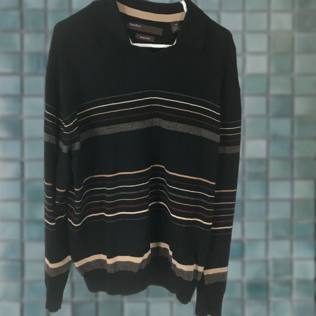 Perry Ellis Perry Ellis Mens Striped Collared Long Sleeves Black Pullover Sweater XL Men Size XL Black Striped Collared Pullover Sweater Perry Ellis Mens Size US XL / EU 56 / 4 - 1 Thumbnail
