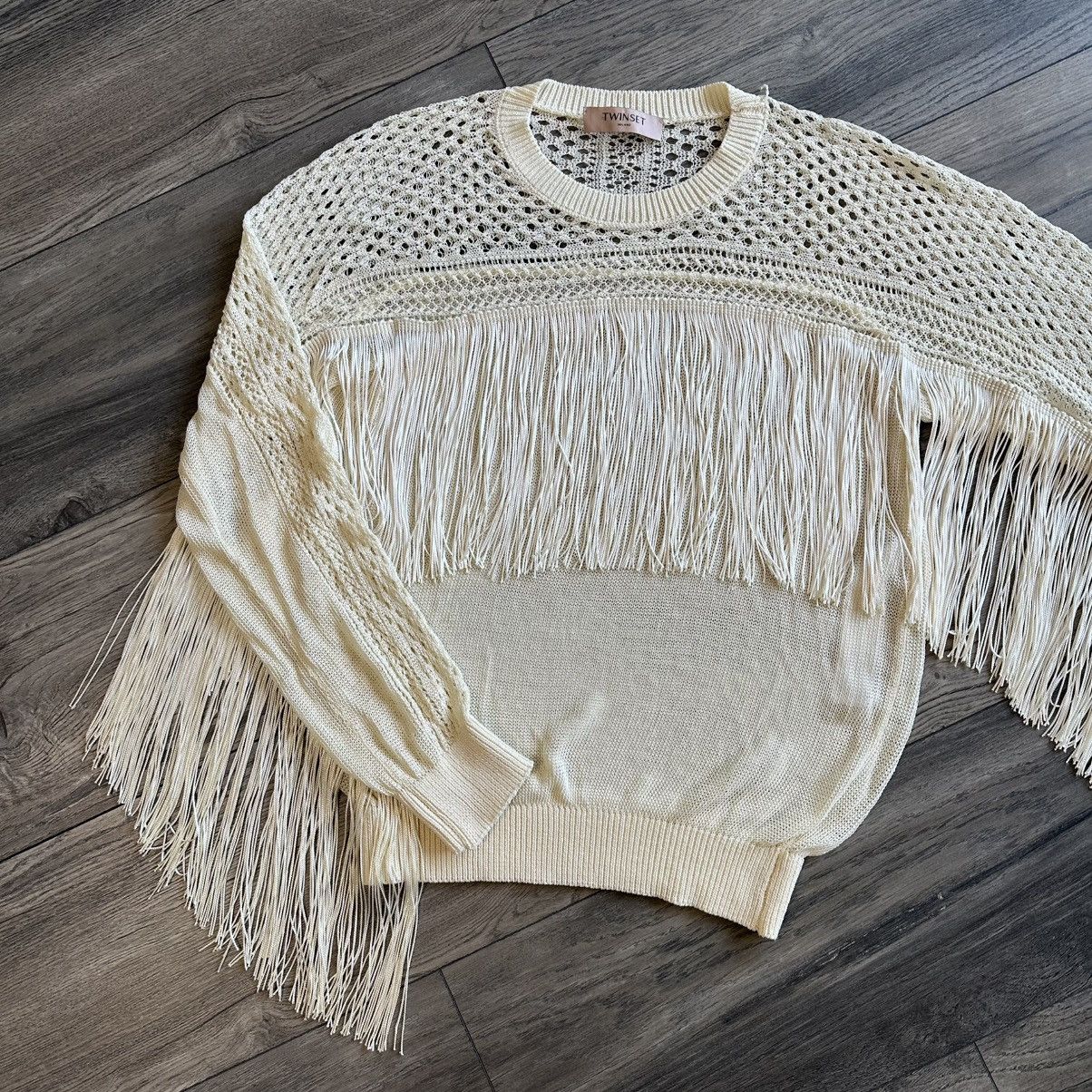 TWINSET TWINSET Milano Cable Knit Fringe Ivory Color Sweater Size M / US 6-8 / IT 42-44 - 4 Thumbnail