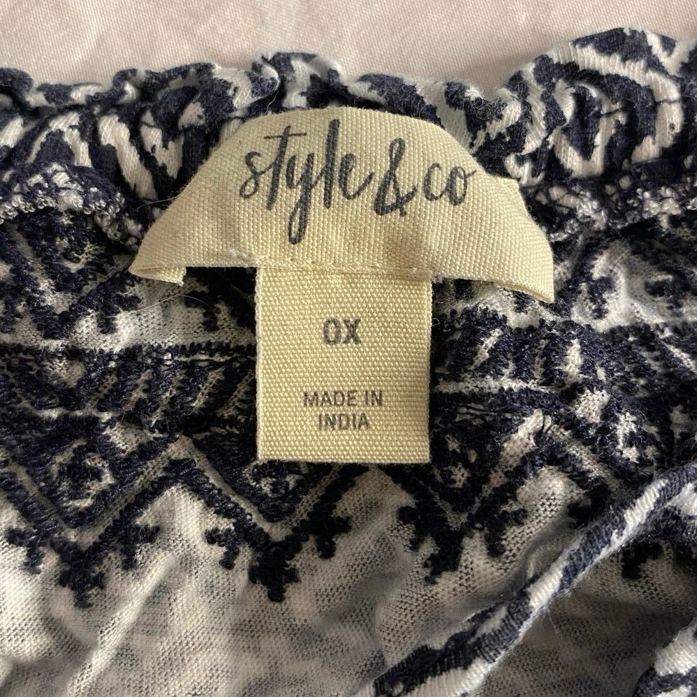 Other Boho Geometric Print Peasant Blouse Navy White Style & Co 0X Size XL / US 12-14 / IT 48-50 - 3 Thumbnail