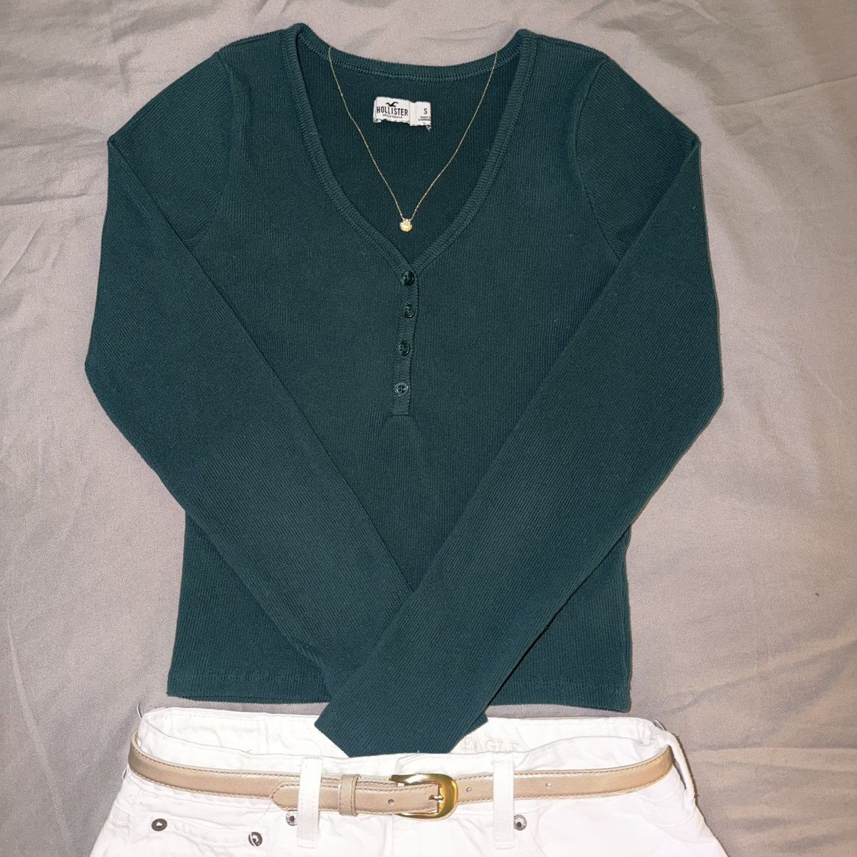 Hollister Hollister Teal Ribbed V-neck Long Sleeve Top Size S / US 4 / IT 40 - 1 Thumbnail