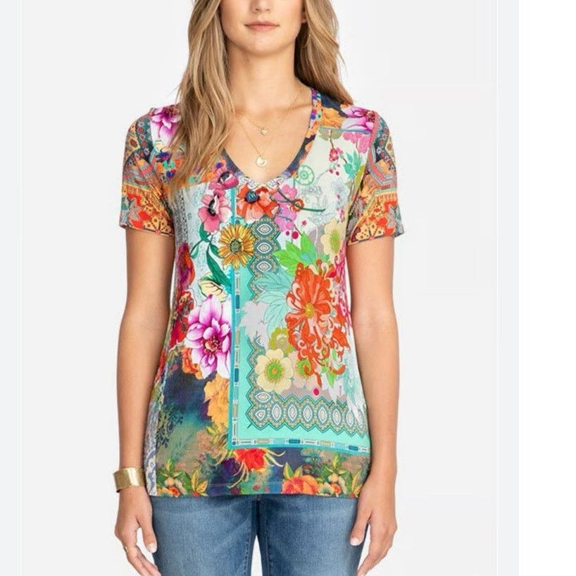 Johnny Was JOHNNY WAS Tropical Block Favorite Short Sleeve V-Neck SMALL Size S / US 4 / IT 40 - 1 Thumbnail