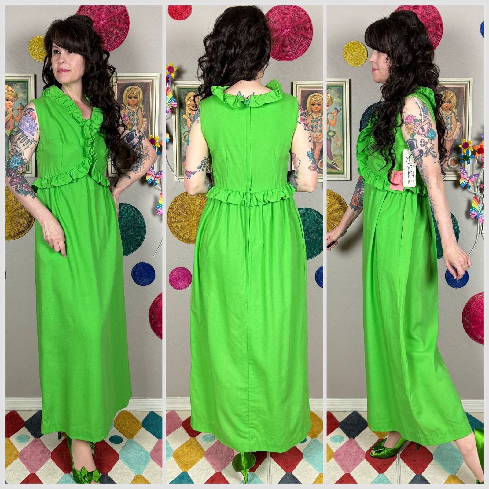 Vintage Vintage 1970s Lime Green Sleeveless Ruffled Wool Maxi Dress Size S / US 4 / IT 40 - 2 Thumbnail