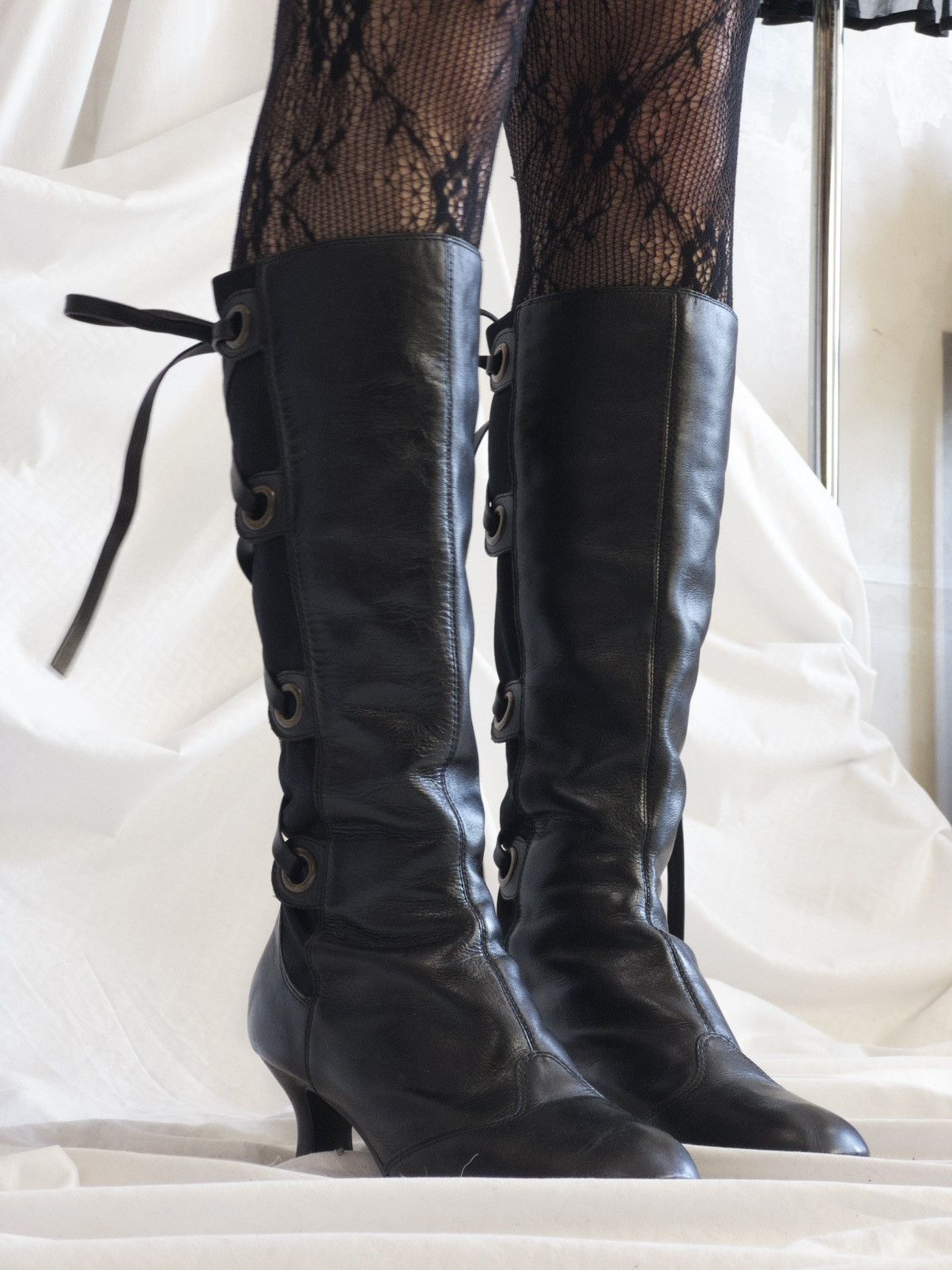 Vintage Black lace-up knee high boots with elastic back panel Size US 9 / IT 39 - 3 Thumbnail