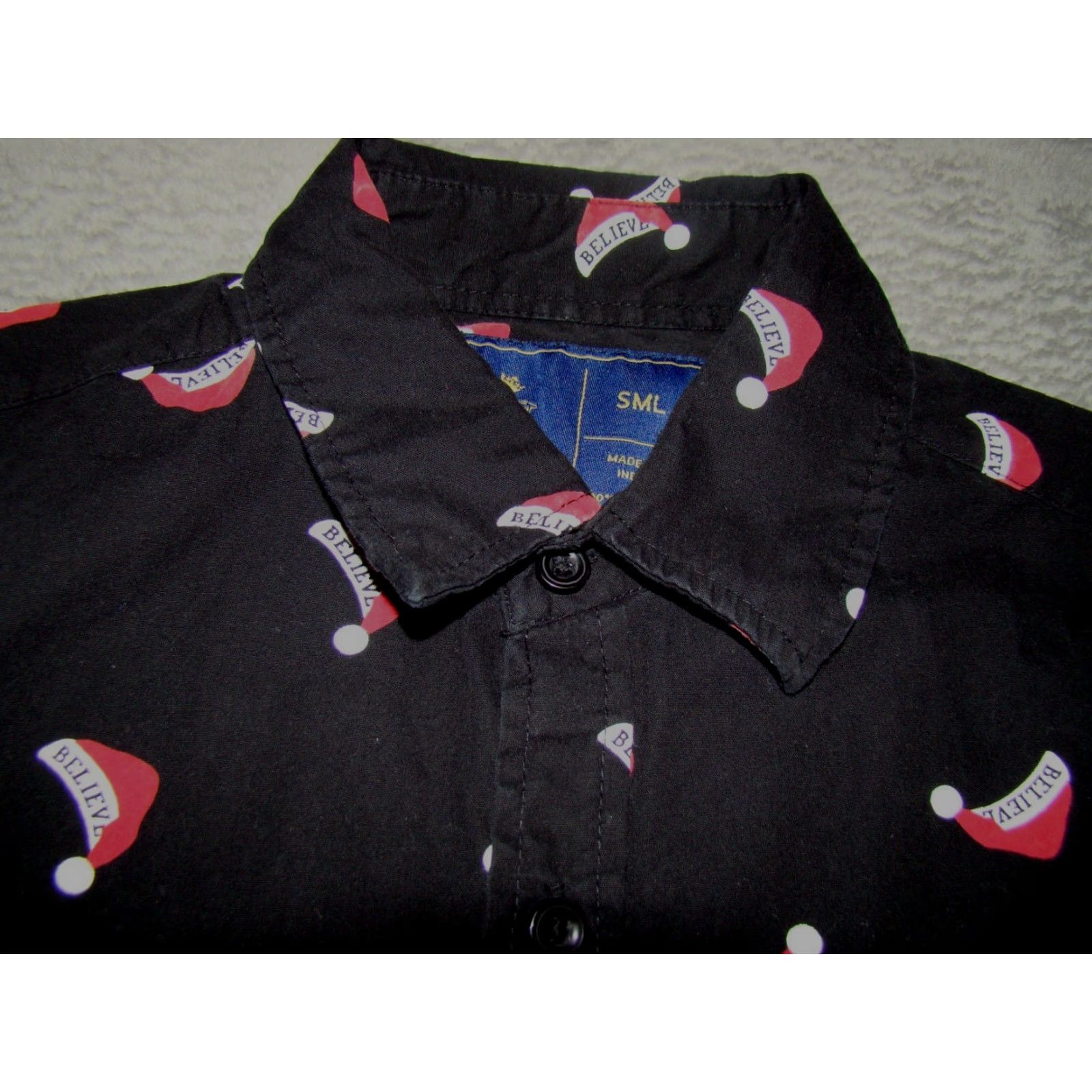 Vintage Rugby University Button-Up Shirt Mens S Christmas Santa Hat Believe Short Sleeve Collared Black 100% Cotton Holiday Theme Christmas Men’s Shirt Size US S / EU 44-46 / 1 - 2 Thumbnail