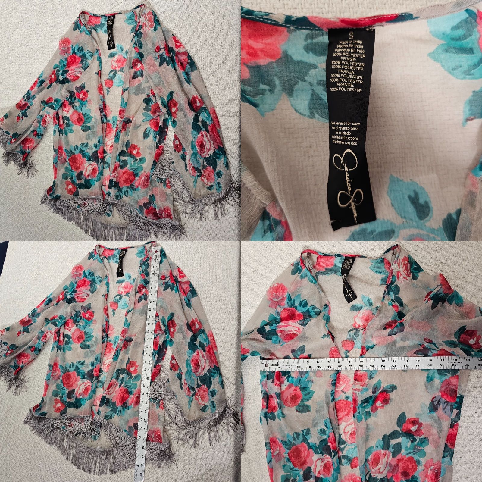 Jessica Simpson Jessica Simpson Cardigan Women’s 3/4 Sleeve Gray Floral Knit Open Front Tassel Trim S Bohemian Womens Size S / US 4 / IT 40 - 8 Thumbnail