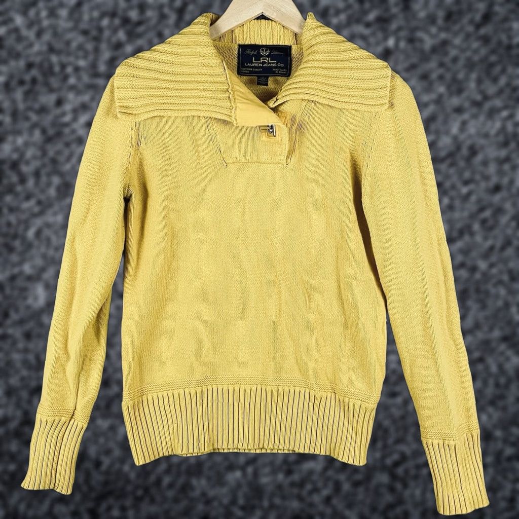 Ralph Lauren Ralph Lauren Sweater Womens M Mustard Ribbed Wrap Shawl Collar Gold Clasp E57 Square Knit Pullover Size M / US 6-8 / IT 42-44 - 1 Thumbnail