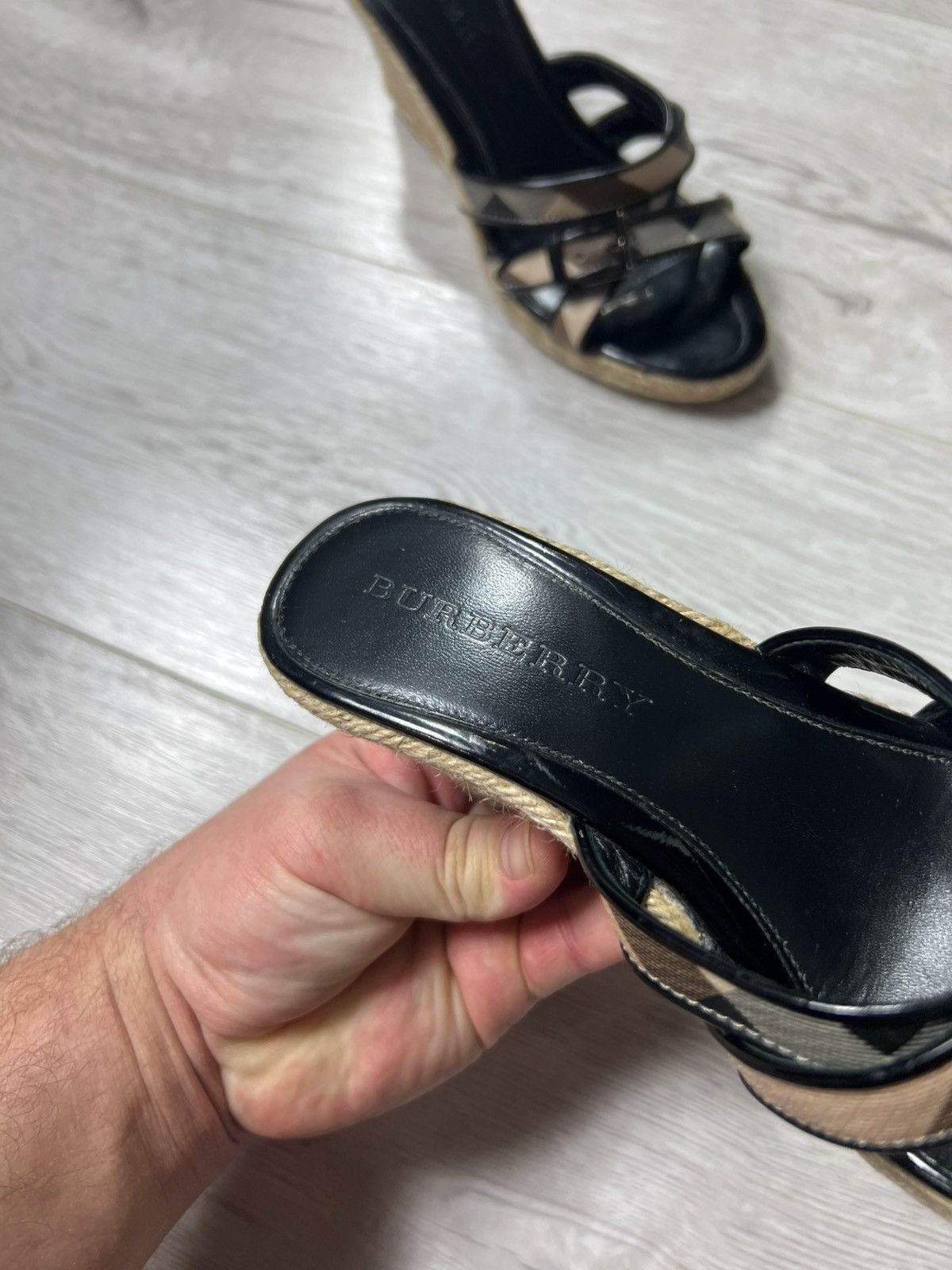 Burberry Women’s Nova Check Leather Wedge Espadrille Sandals