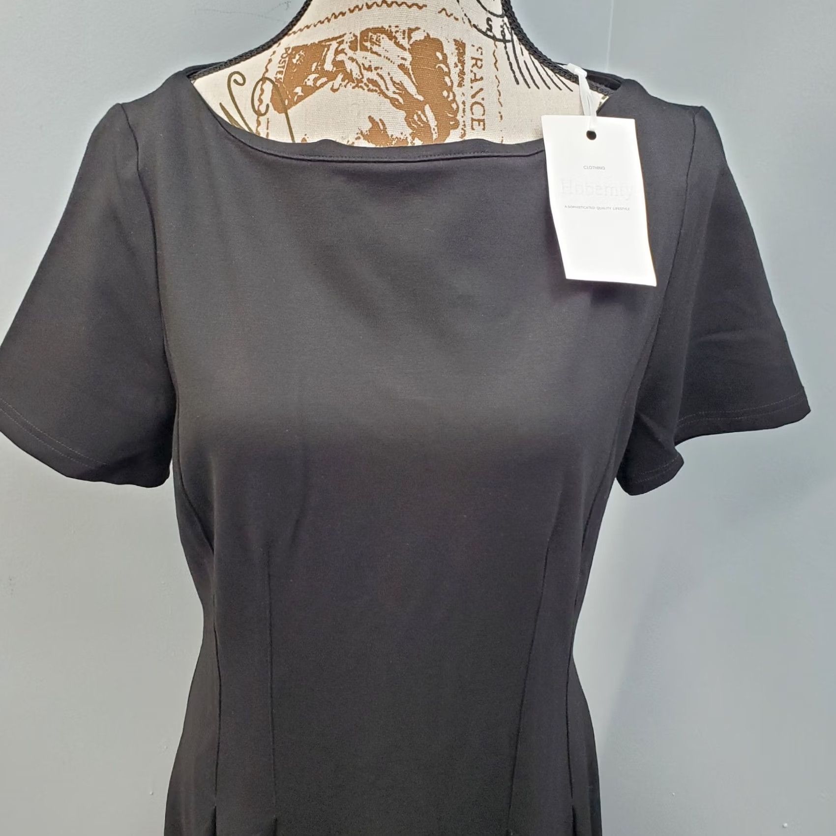 Vintage Hobemty Womens M Black Career Stretch Short Sleeve Back Zip A-Line Dress Size 32" / US 10 / IT 46 - 3 Thumbnail