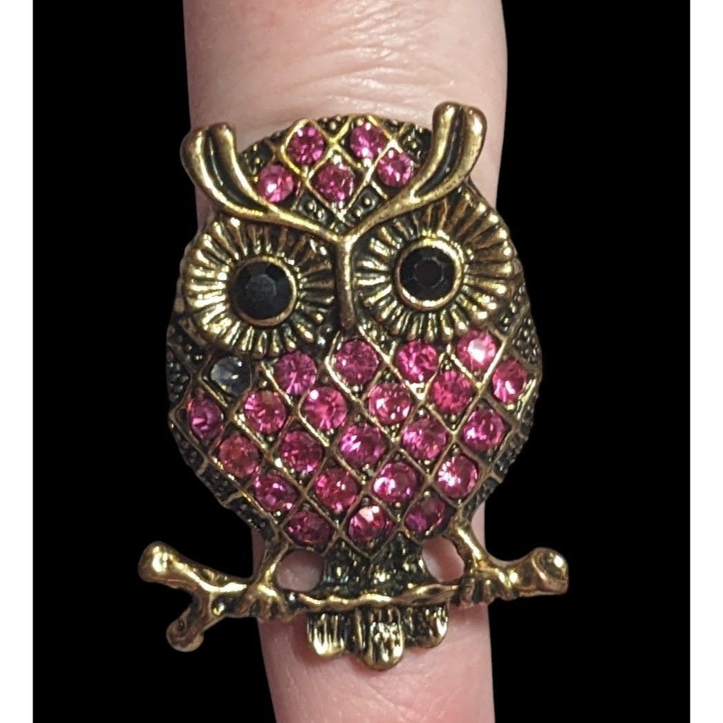 Other Witchy Cottagecore Pink Rhinestone Gold Tone Owl Stretch Rin Size ONE SIZE - 2 Thumbnail