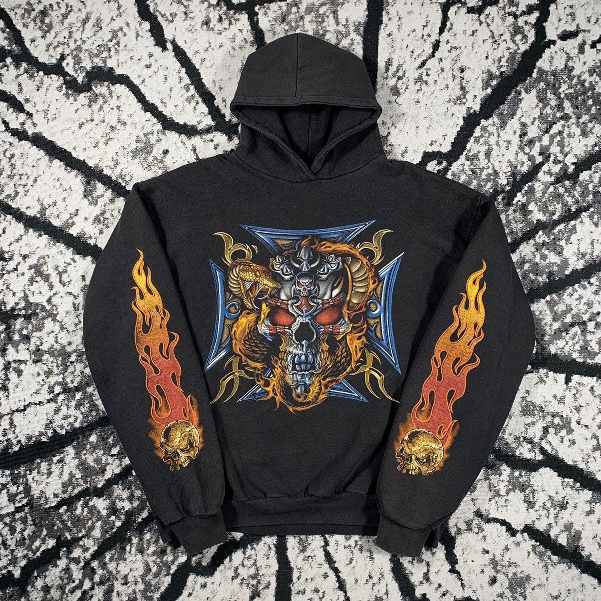 Vintage 🔥Vintage Skulls Fire Hoodie Sweatshirt Snake Rock Style🔥 Size US XL / EU 56 / 4 - 1 Thumbnail