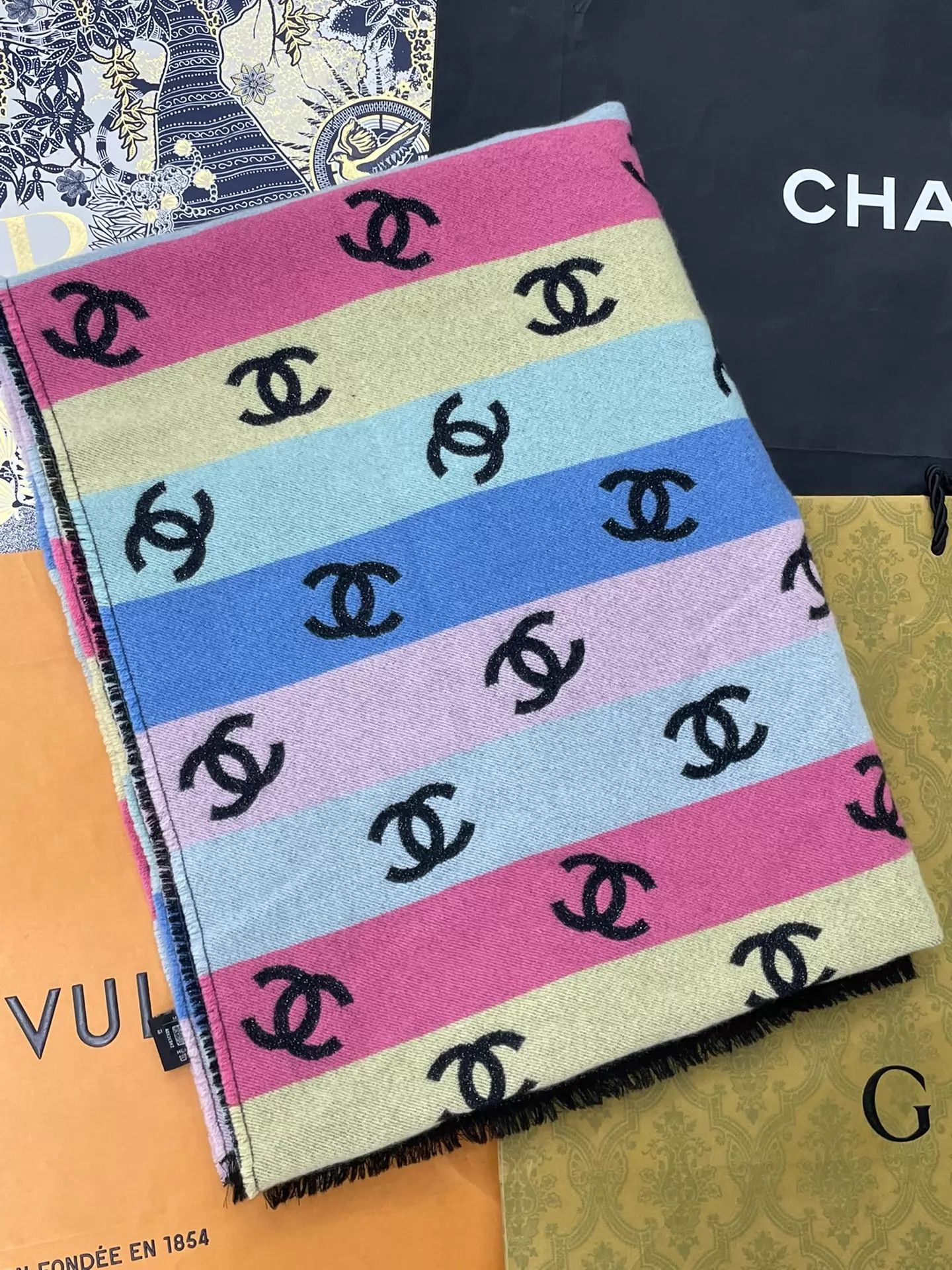 Chanel Chanel Rainbow Stripe Lg Logo Cashmere Scarf/Shawl Size ONE SIZE - 2 Thumbnail