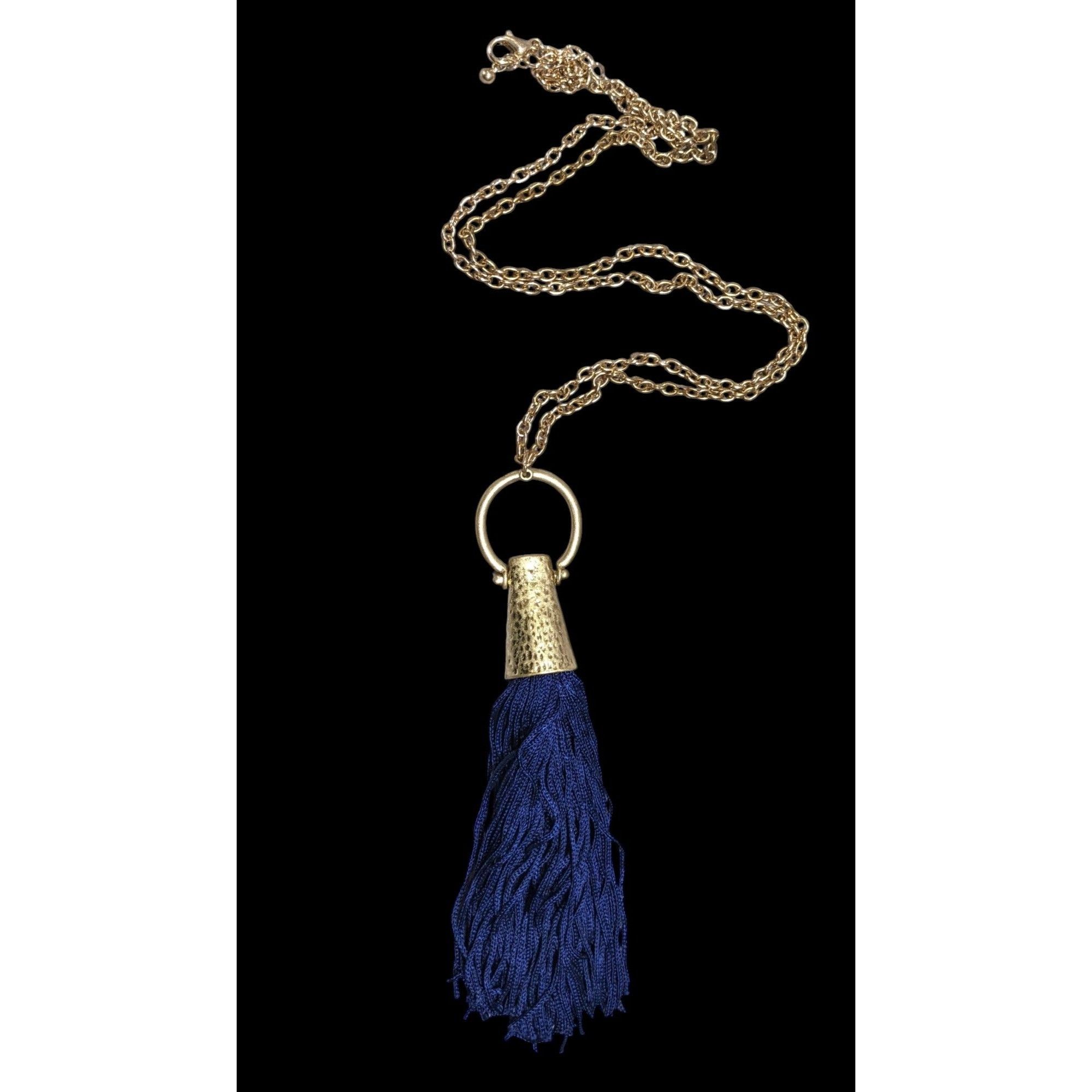 Other Hammered Gold Tone Tassel Pendant Necklace With Blue Tassel Size ONE SIZE - 1 Thumbnail