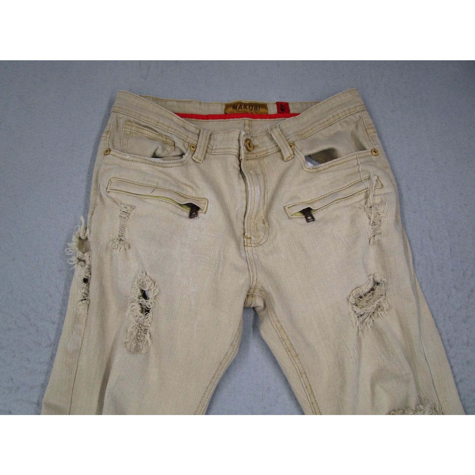 Denime Makobi Jeans Mens 34 Beige Slim Fit Rochester Shredded Coded Denim 34x32 Slim Jeans Beige 34W x 32L Men Hip Hop Retro Modern 34 Mens Size US 34 / EU 50 - 2 Thumbnail