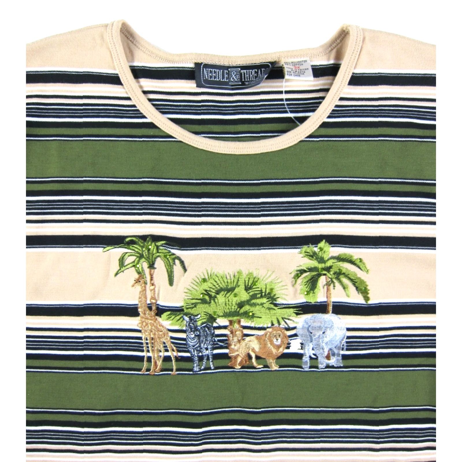 Vintage VINTAGE Needle & Threads Blouse Shirt 3X Women Green Striped Animal Cotton Top 3X Womens Vintage Animal Theme Striped Short Sleeve Round Neck 3X Size XXL / US 16-18 / IT 52-54 - 4 Thumbnail