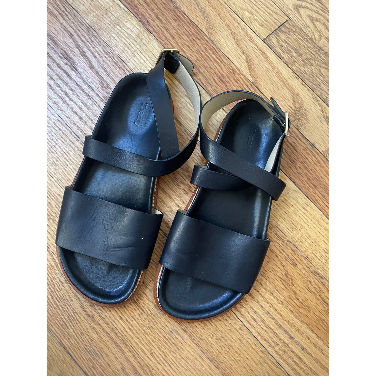 image of Theory Wide Black Leather Strappy Flat Sandals, Women's (Size 7)
