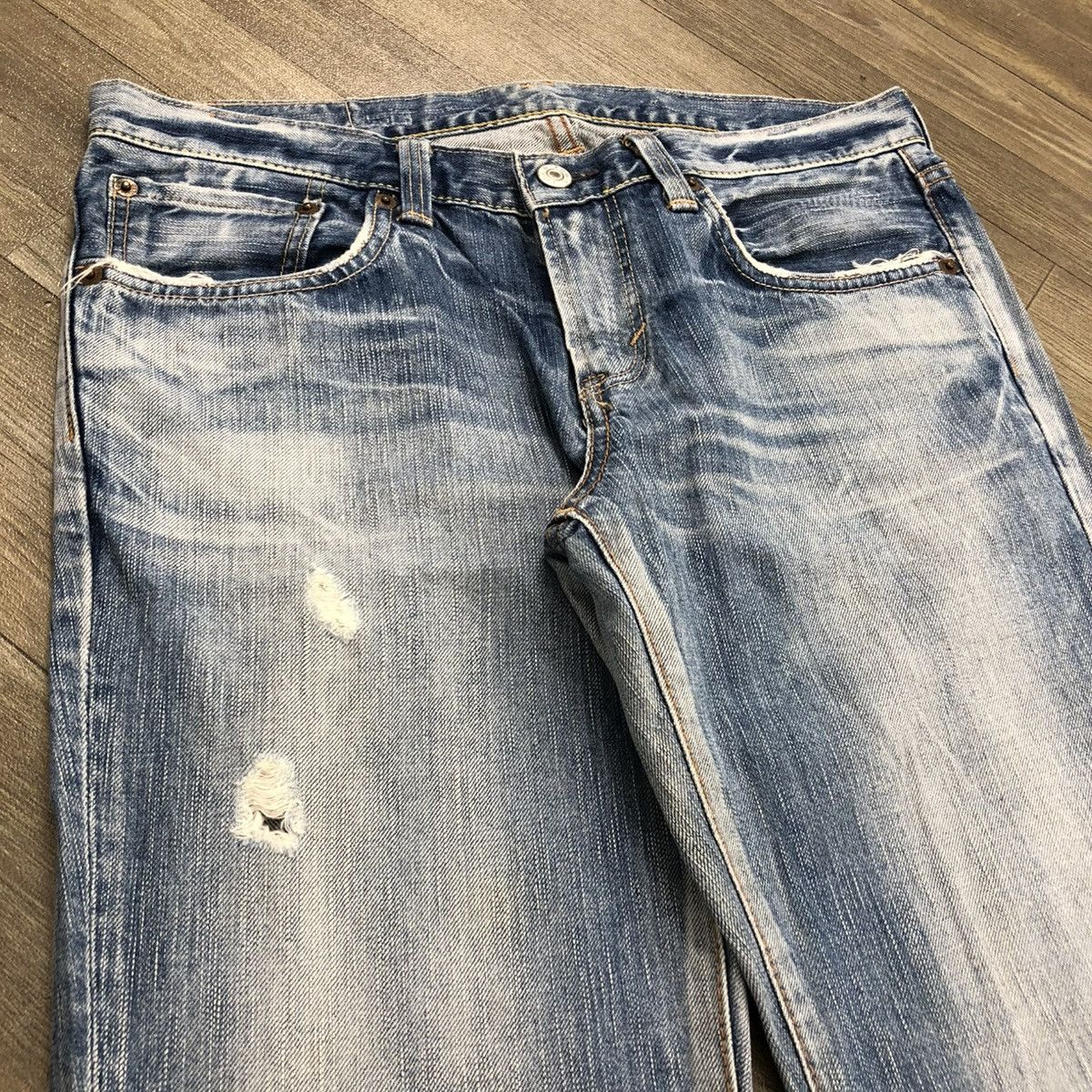 Edwin × If Six Was Nine × Le Grande Bleu (L.G.B.) 2000s Edwin 503 Distressed Punk Faded Bootcut Flared Jeans Size US 29 - 3 Thumbnail