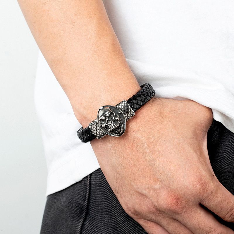 Leather 21cm Gothic Skull Steel Braided Leather Bracelet Size ONE SIZE - 2 Thumbnail