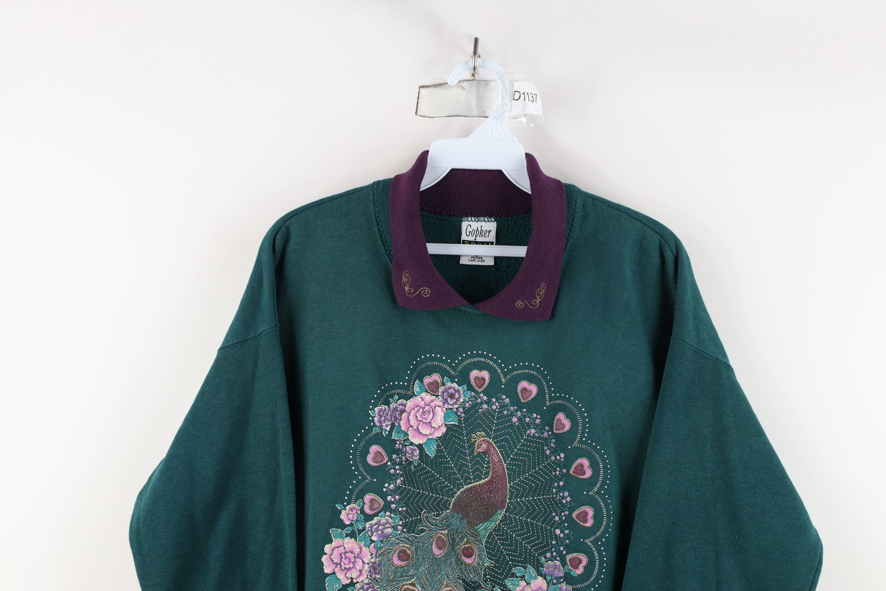 Vintage Vintage 90s Streetwear Peacock Flower Collared Sweatshirt Size L / US 10 / IT 46 - 2 Thumbnail