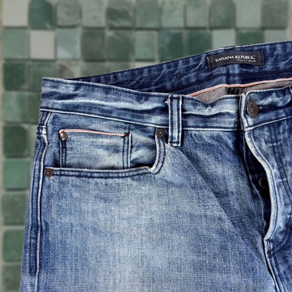 Banana Republic Banana Republic Premium Patchwork Distressed Selvedge Jeans Blue Men 34x34 Slim Mid Rise 5-Pocket Denim Slimming Casual Cowboy Style Shirts? Size US 33 - 1 Thumbnail