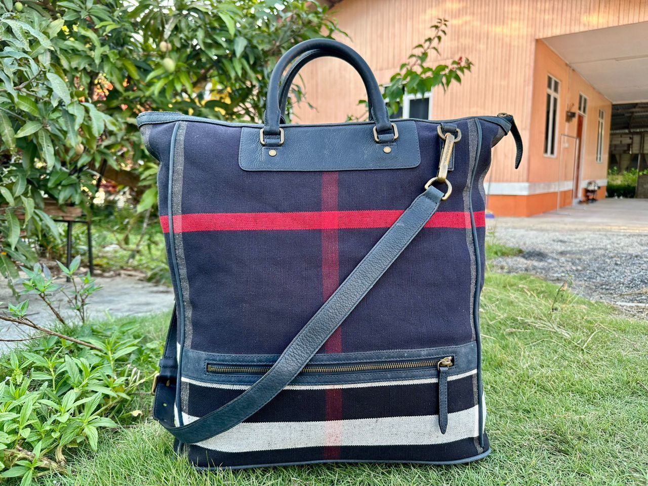image of Authentic Burberry Mega Check Large Tote Bag in Blue, Women's