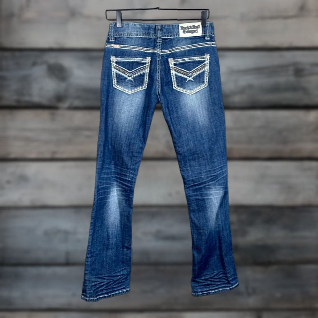 Vintage VINTAGE? No — Rock & Roll Cowgirl Jeans Bootcut Denim 5-Pocket Womens 27 x 34 Dark Blue Rhinestone Accents 90s Theme Womens Jeans Size 27" / US 4 / IT 40 - 1 Thumbnail