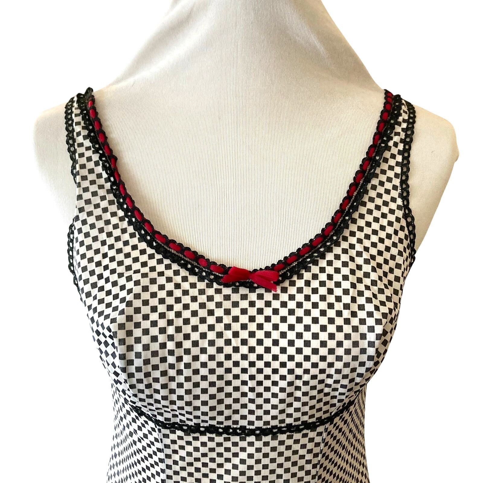 Vintage Black /White Check, Red Ribbon 60s/70s Slip Top, Medium Size M / US 6-8 / IT 42-44 - 2 Thumbnail