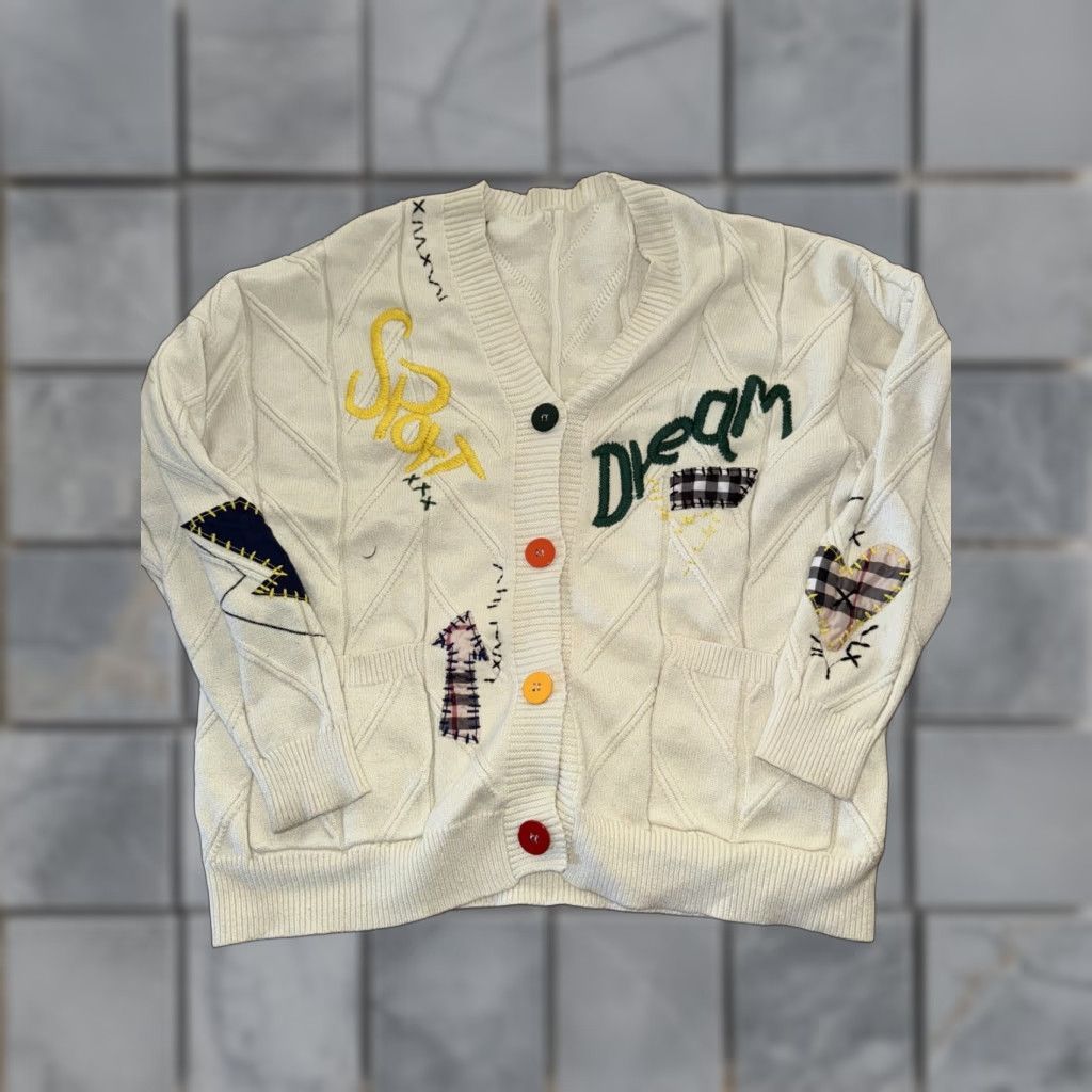 Vintage Cream Ebossy Knitted Cardigan White Large 22x23 Patchwork Embroidery Womens Cardigan Long Sleeve Open Front 90s Cable Knit Womens Size L / US 10 / IT 46 - 1 Thumbnail
