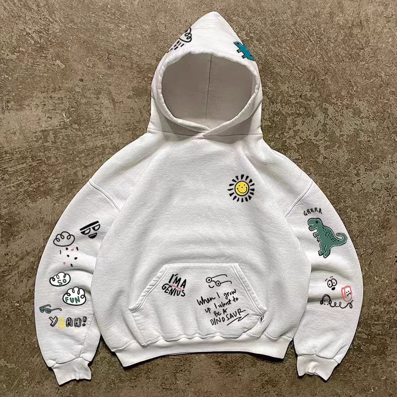Japanese Brand × Vintage White casual retro dinosaur print cotton hoodie Size US L / EU 52-54 / 3 - 1 Thumbnail