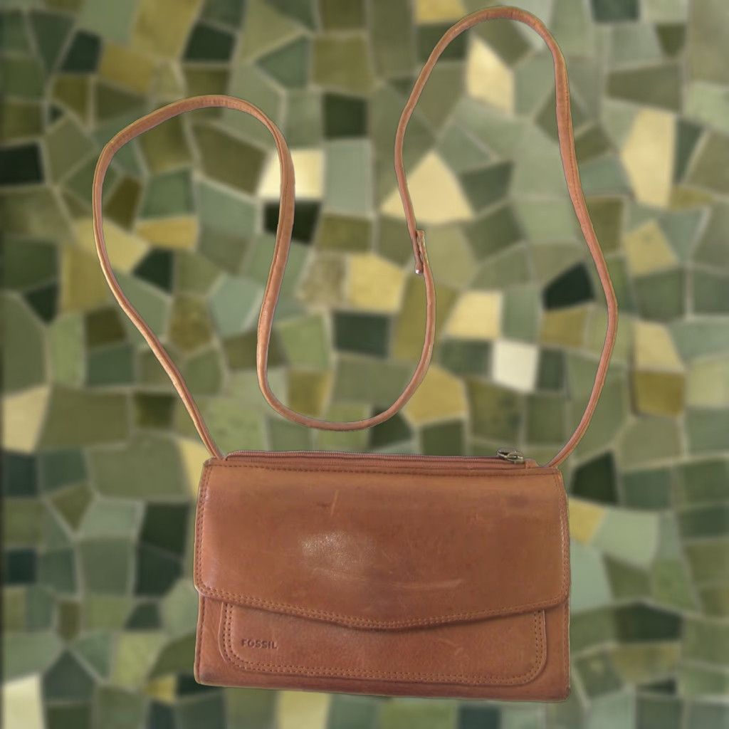 Fossil VINTAGE Fossil Brown Leather Crossbody Satchel Wallet Purse 100% Leather Trifold Small Size ONE SIZE - 1 Thumbnail
