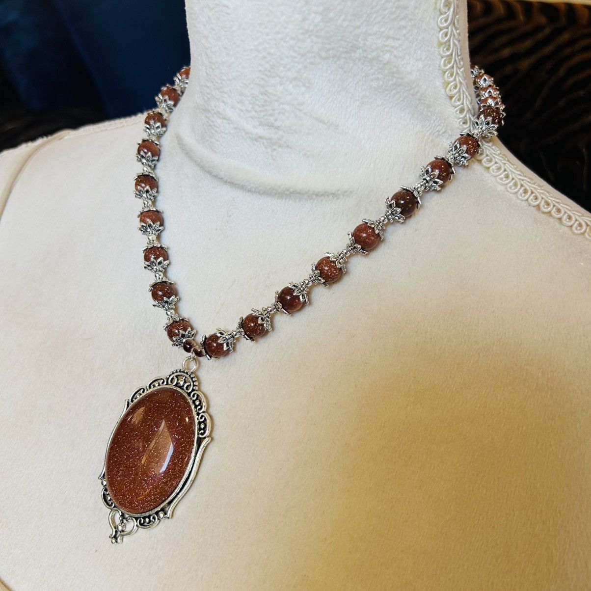 Handmade Handcrafted elegant goldstone cameo framed bead necklace Size ONE SIZE - 3 Thumbnail