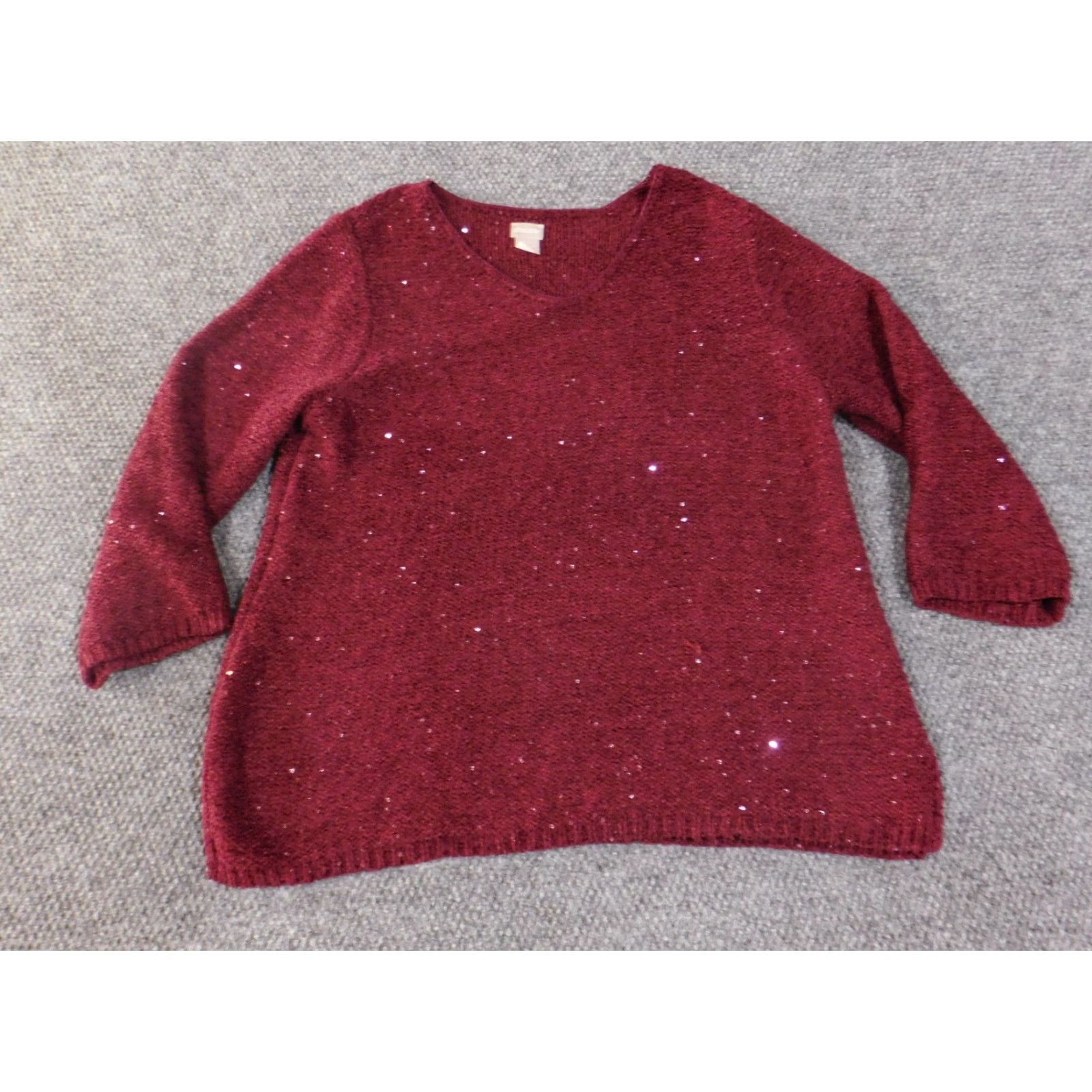 Vintage Chicos Sweater Womens 3 Red Burgundy Sequin Knit V-Neck Pullover Metallic Size XS / US 0-2 / IT 36-38 - 3 Thumbnail
