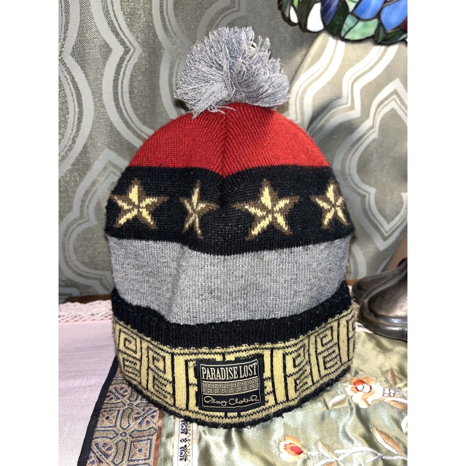 Paradise Play Cloths Mens Winter Beanie Hat — Gray Red Stars Yellow Cotton Pom Pom Casual Fall Winter Spring Men Size ONE SIZE - 4 Thumbnail