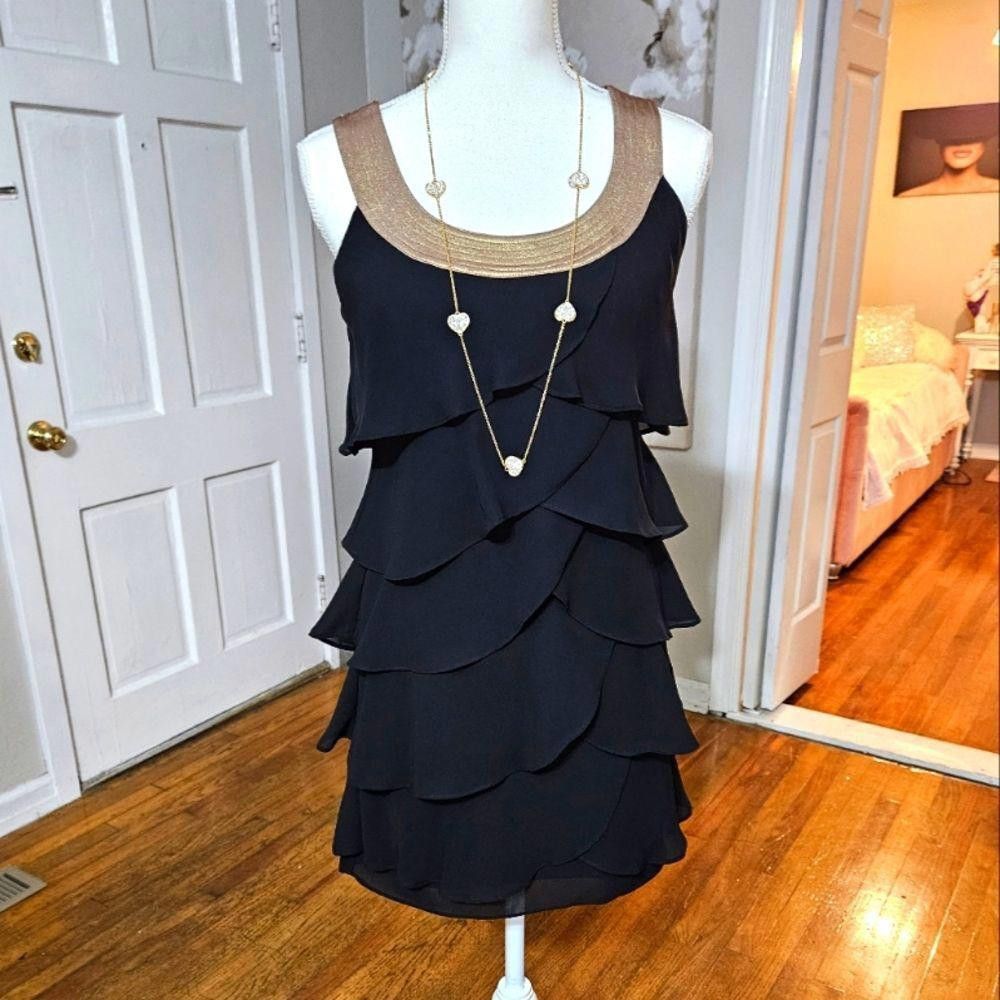 Designer Robbie Bee Layered Black Dress with Gold Neckline Size S / US 4 / IT 40 - 1 Thumbnail