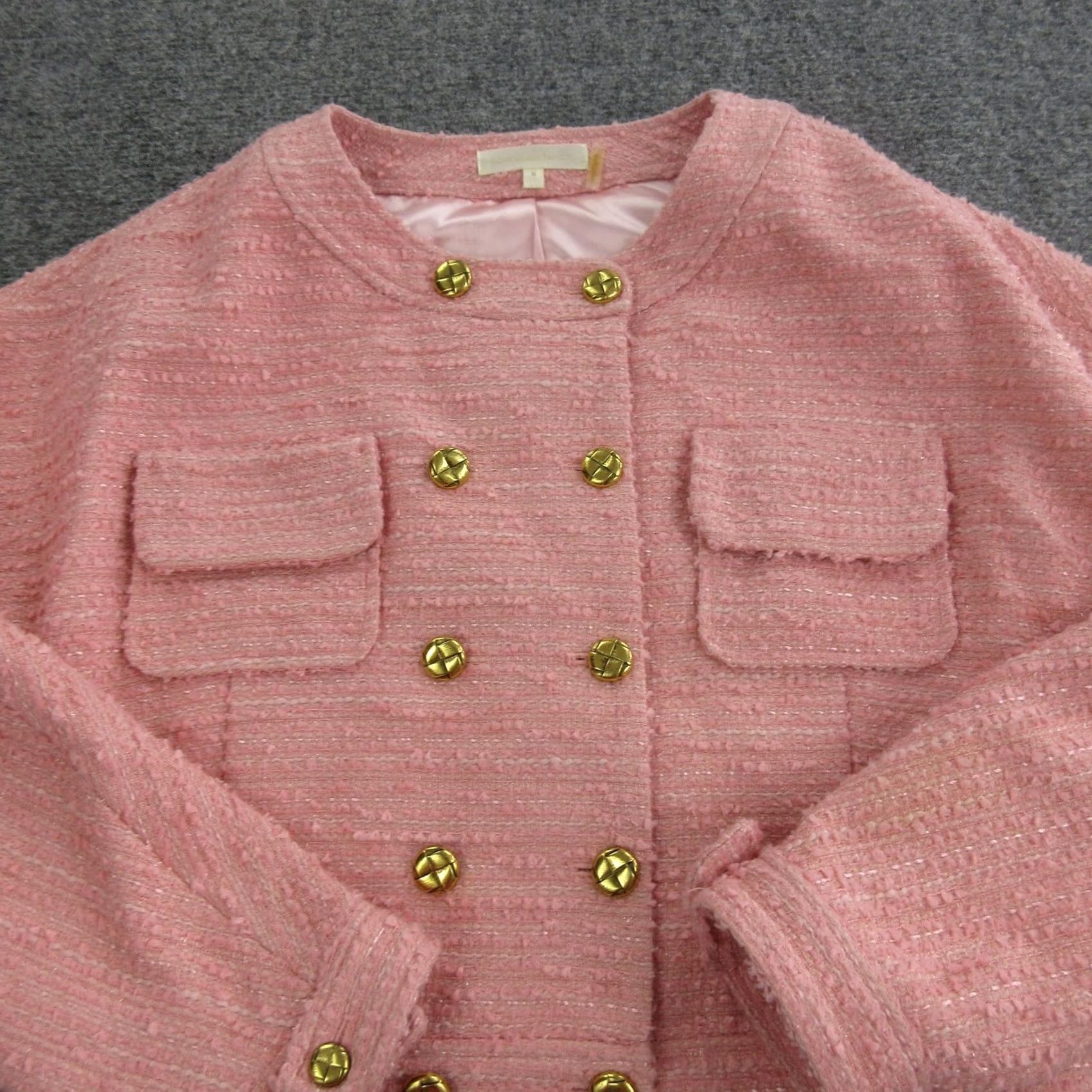 LoveShackFancy LoveShackFancy Pink Tweed Jacket Womens Medium Collarless Button Front Blazer Short Sleeve Size M / US 6-8 / IT 42-44 - 2 Thumbnail