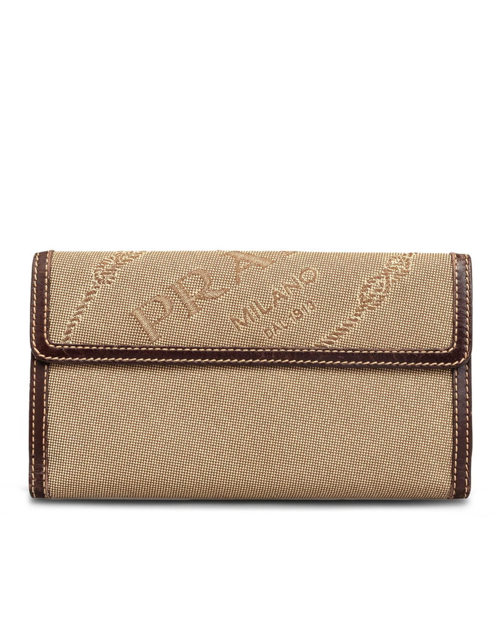 image of Prada Logo Bifold Long Wallet In Beige Canapa, Women's