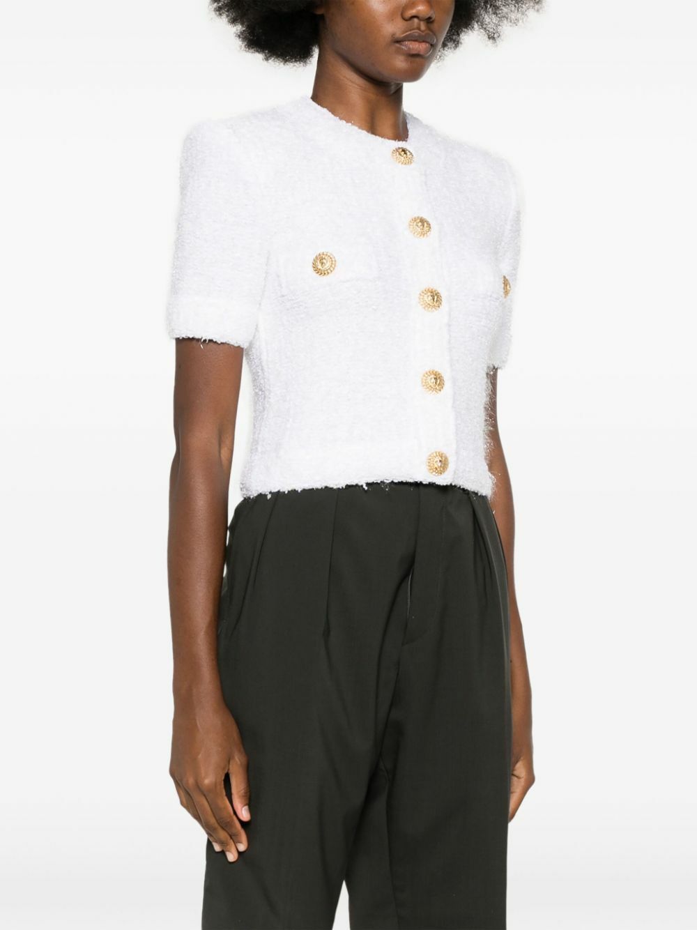 Balmain o1srvl11e1125 Cropped Cardigan in White Size L / US 10 / IT 46 - 3 Thumbnail