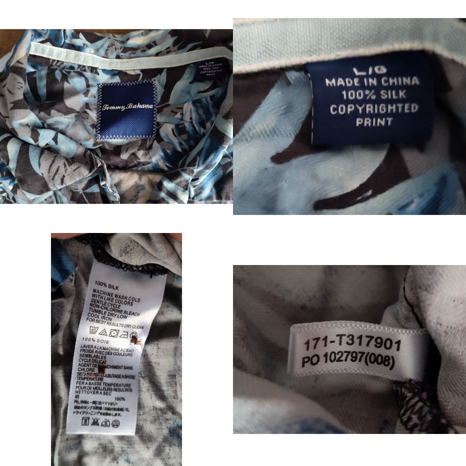 Tommy Bahama Tommy Bahama Hawaiian Camp Shirt, Black Blue Floral, Adult Large, Silk, Short Sleeve, Mens Size US L / EU 52-54 / 3 - 8 Thumbnail