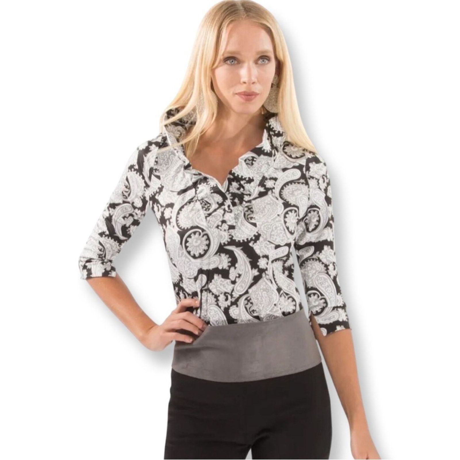 Other Gretchen Scott Ruffled V Neck Paisley Fitted Blouse Size L / US 10 / IT 46 - 1 Thumbnail
