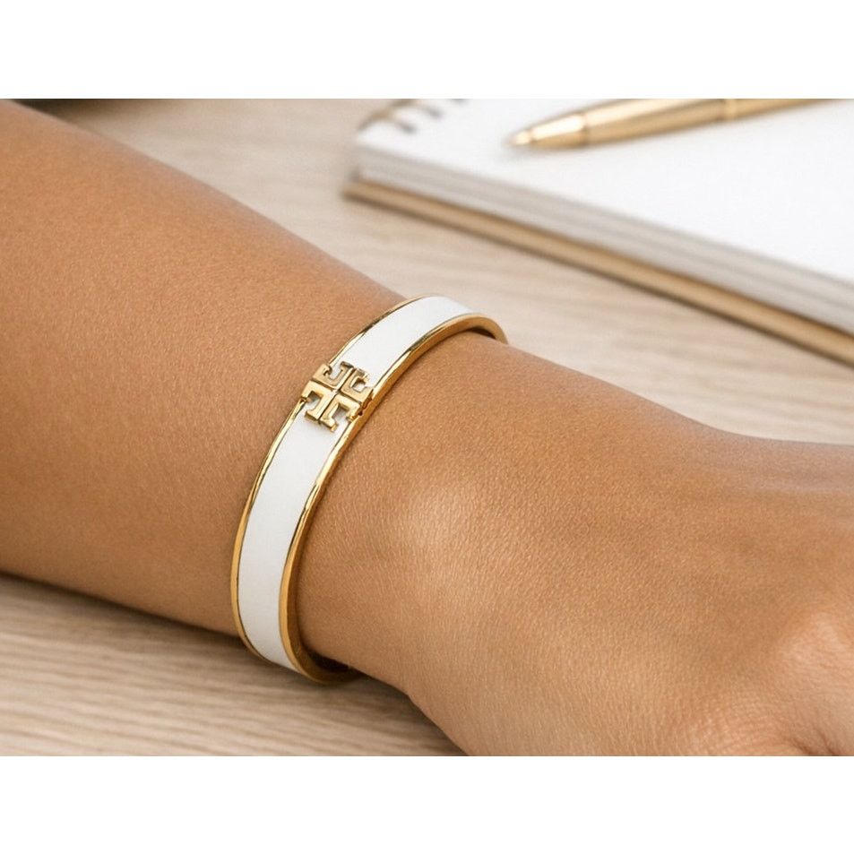 Tory Burch Tory Burch Kira White Enamel Bangle 18K Gold‑Plated Sz 17.5 Size ONE SIZE - 1 Thumbnail