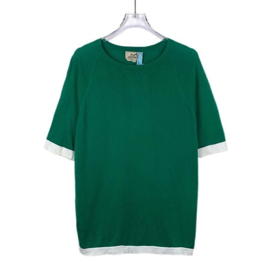 Hermes Hermès Green Cotton Knit Short-Sleeve Sweater With White Tri Size S / US 4 / IT 40 - 1 Thumbnail