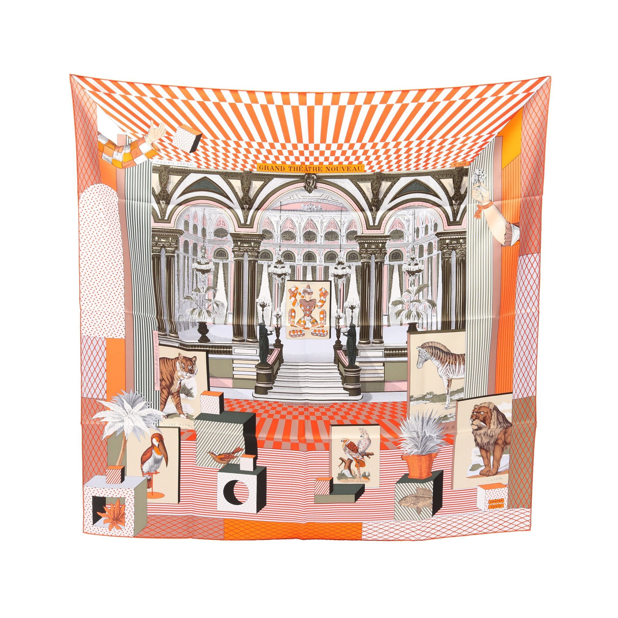 Hermes Hermes Carres 90 Grand Theatre Nouveau Scarf Silk Khaki Green Orange Multicolor Size ONE SIZE - 1 Thumbnail