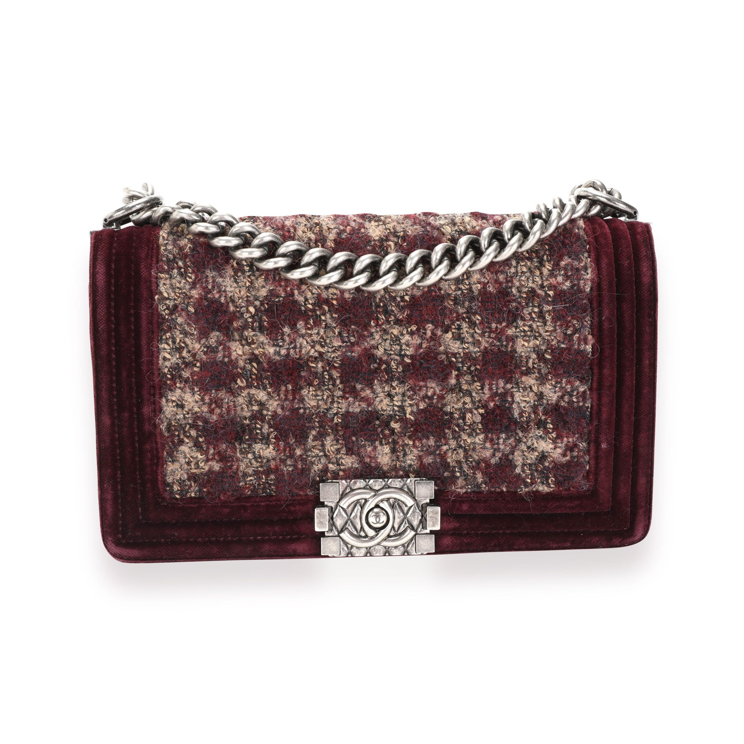 Chanel Paris-Édimbourg Burgundy Quilted Velvet & Tweed Old Medium Boy Bag