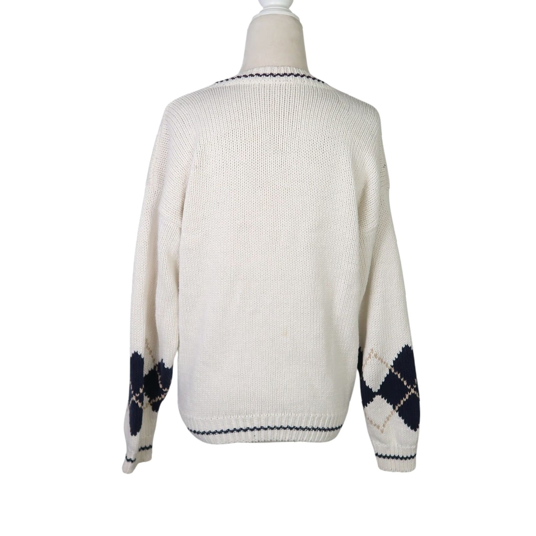 Vintage VINTAGE 90s cardigan sweater Argyle Knit Cotton L Cream Navy Cardigan Womens Long Sleeve V-Neck Fall Spring Knits Size L / US 10 / IT 46 - 4 Thumbnail