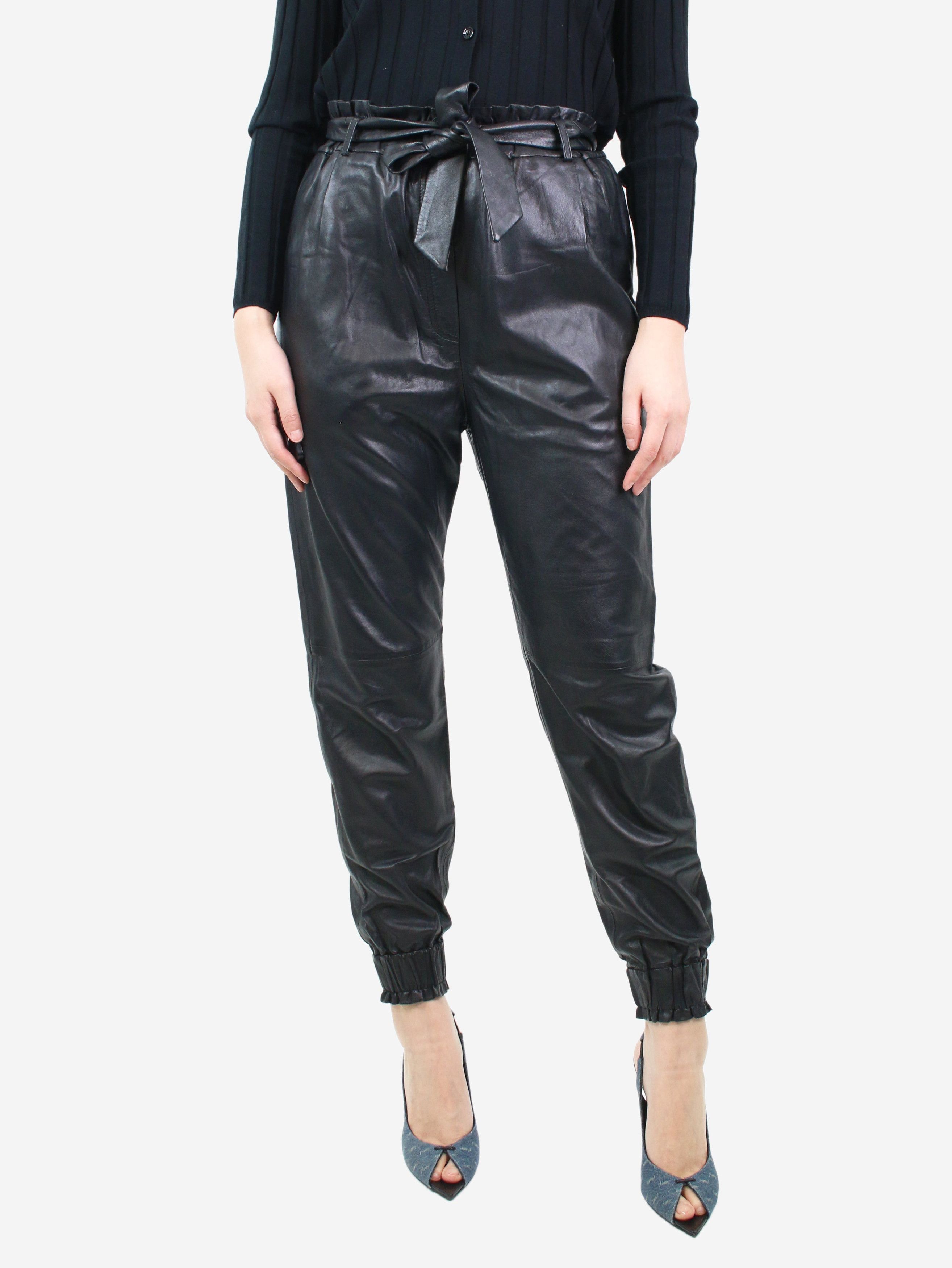 image of Munthe Black Belted Leather Trousers - Size Uk 6, Women's