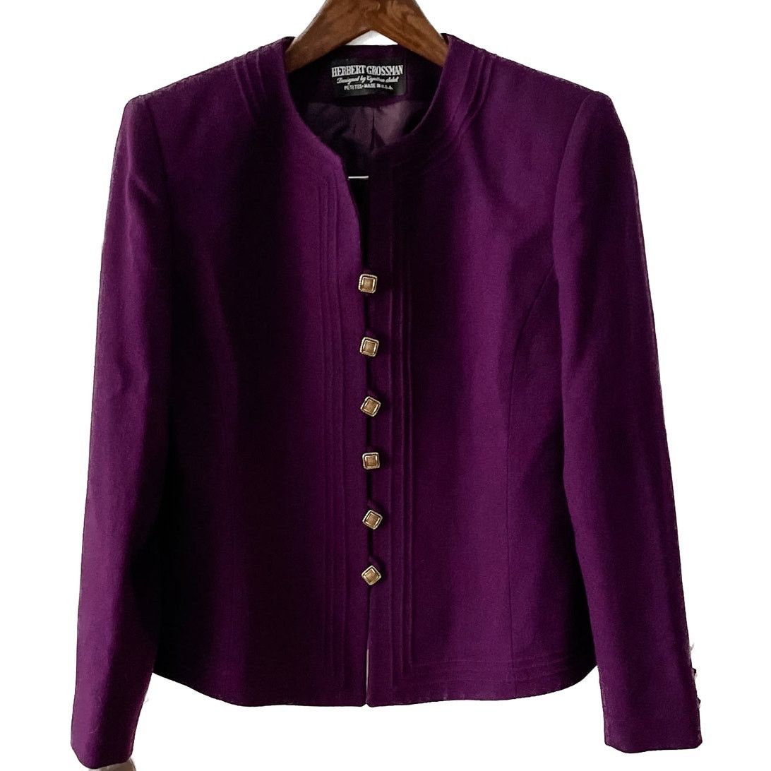 Vintage Vintage 100% Wool Purple Collarless Blazer Jacket 10P/MP Size L / US 10 / IT 46 - 1 Thumbnail