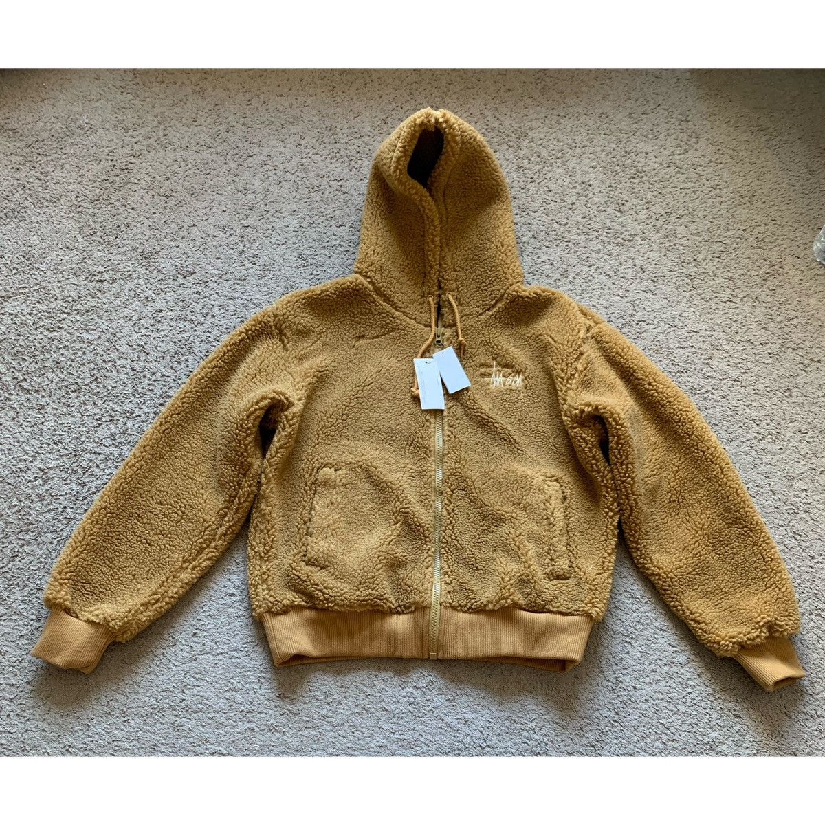 image of Stussy Logo Sherpa Fleece Hoodie Jacket in Beige, Men's (Size Small)